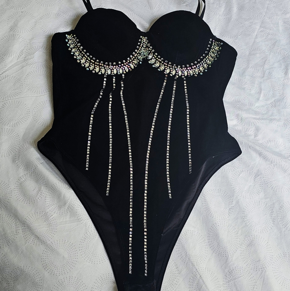 Banjul Black Velvet Bodysuit with Rhinestone Bling Detailing Costume Dance